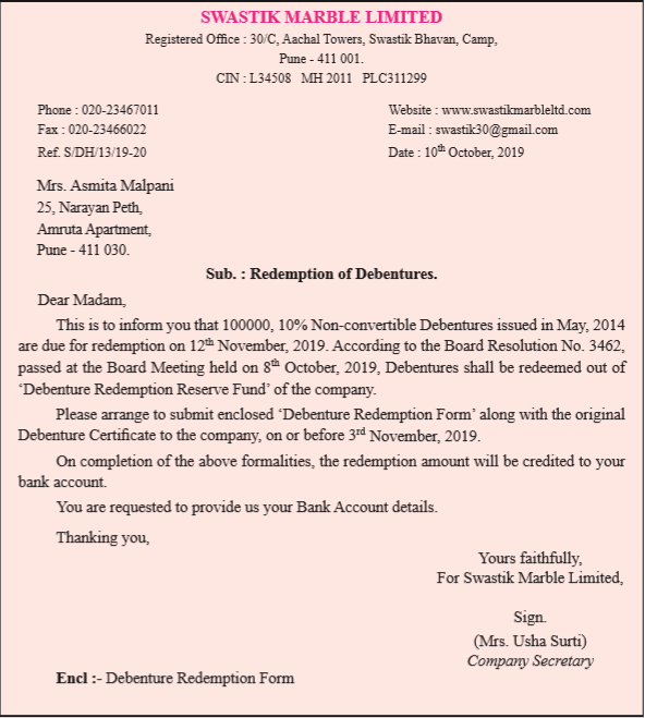 letter to debentureholder informing him about redemption of debentures.