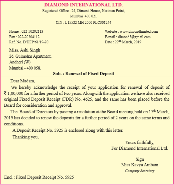 letter to depositor regarding renewal of his deposit.
