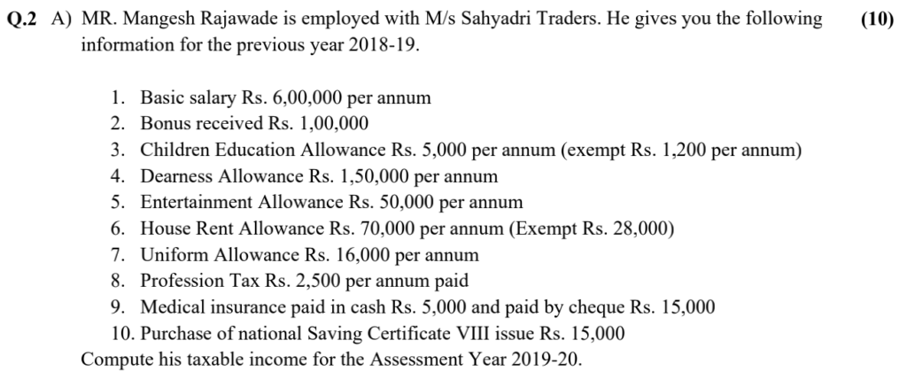 TYBCOM Direct Tax Question Paper Q No 2 A