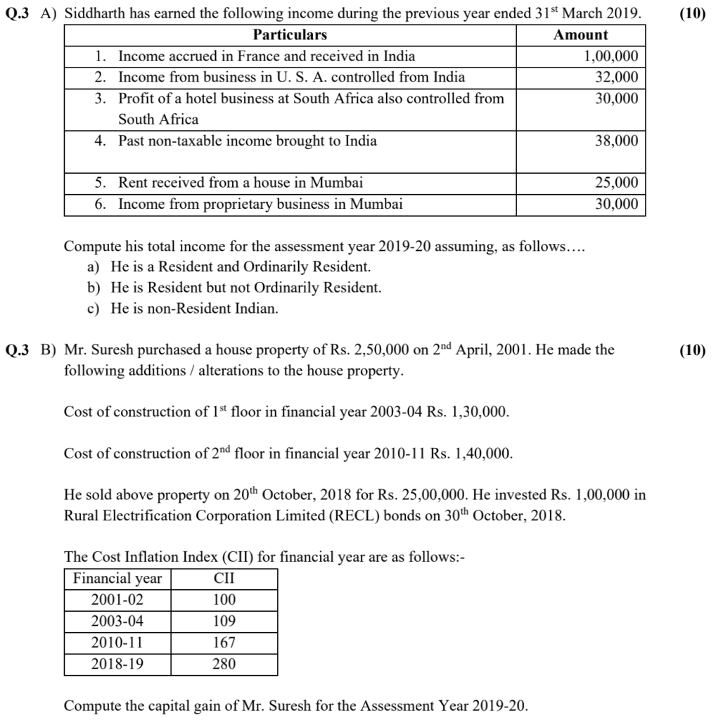 TYBCOM Direct Tax Question Paper Q No 3 A and 3 B