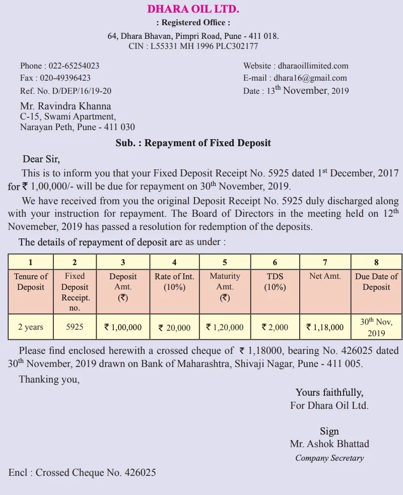 Write a letter to depositor regarding renewal of his/her deposit.