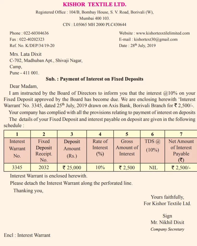 3) Draft a letter to depositor informing him about payment of interest through Interest warrant.