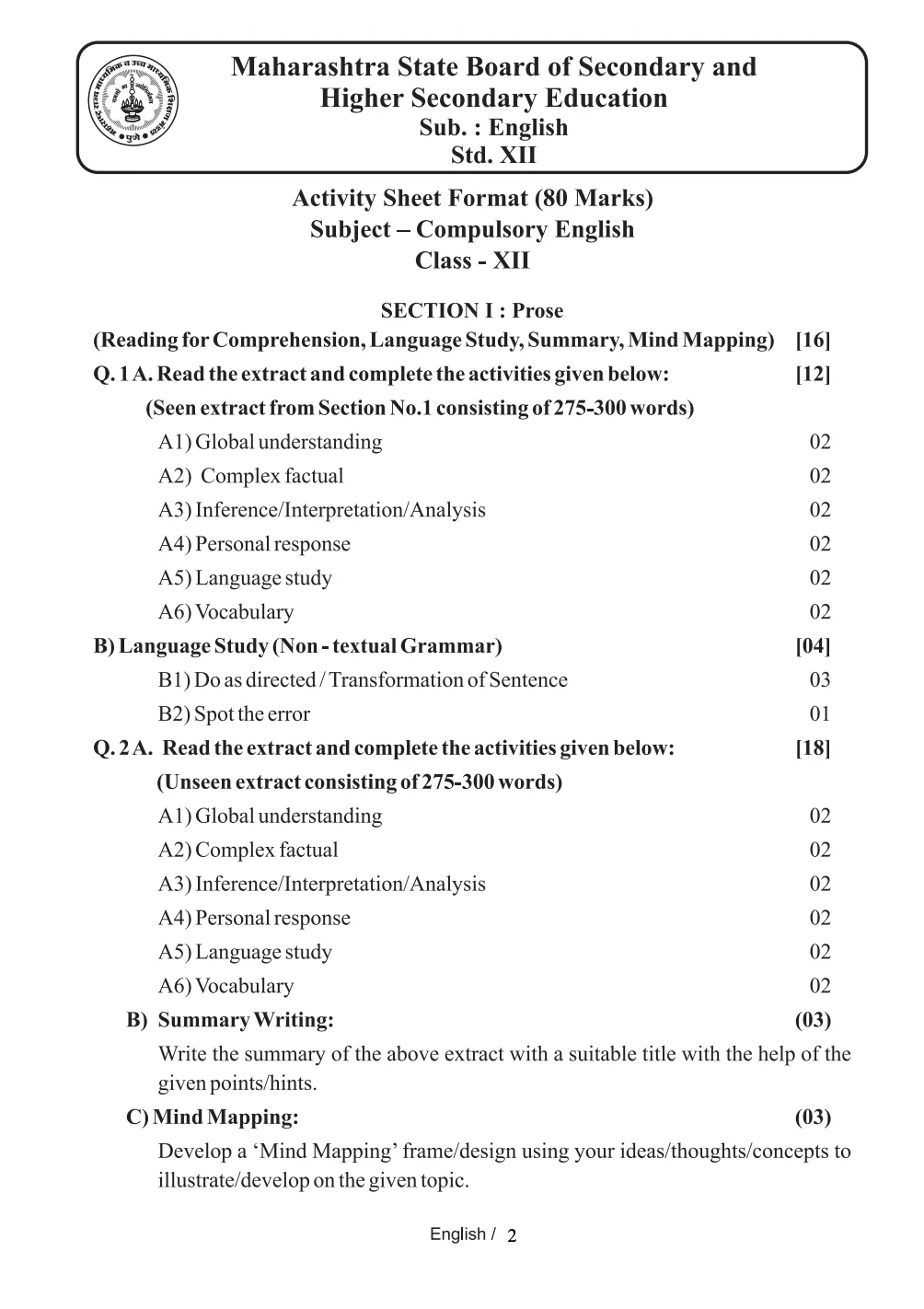 HSC English Paper Pattern 2023-24 | Maharashtra Board [Download Free ...