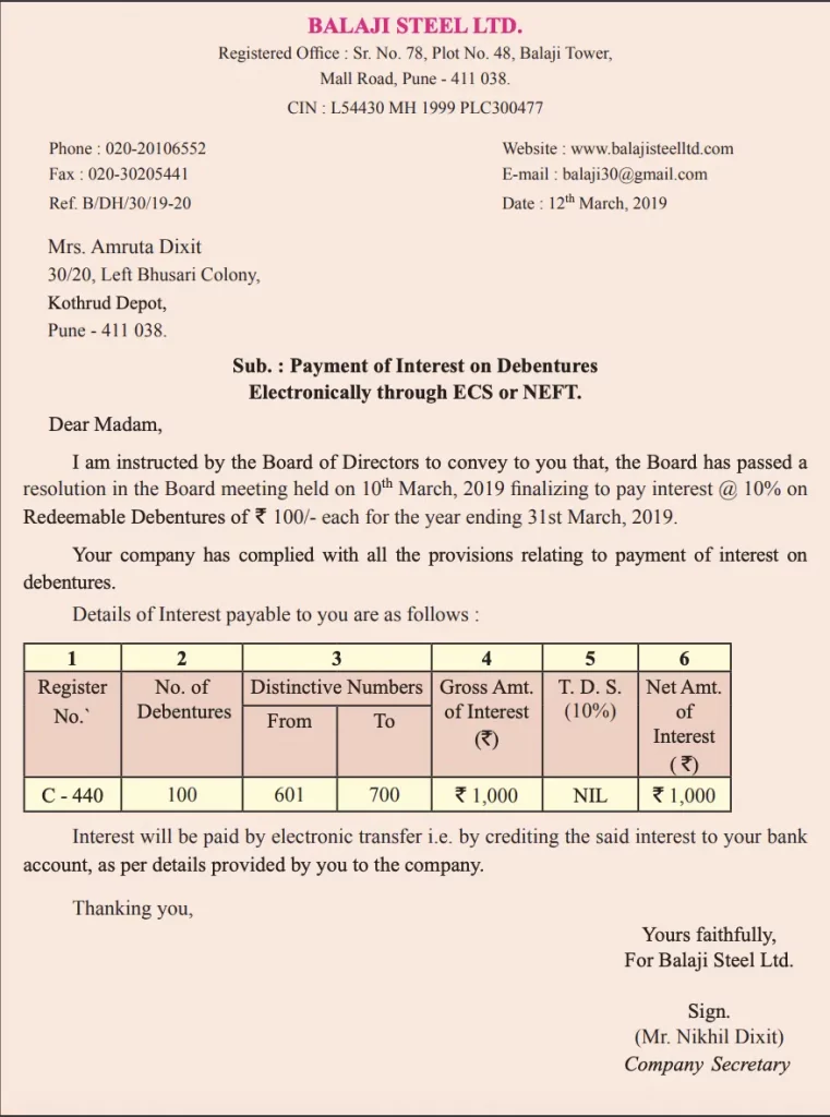 letter of allotment to the debenture holder regarding payment of interest electronically.