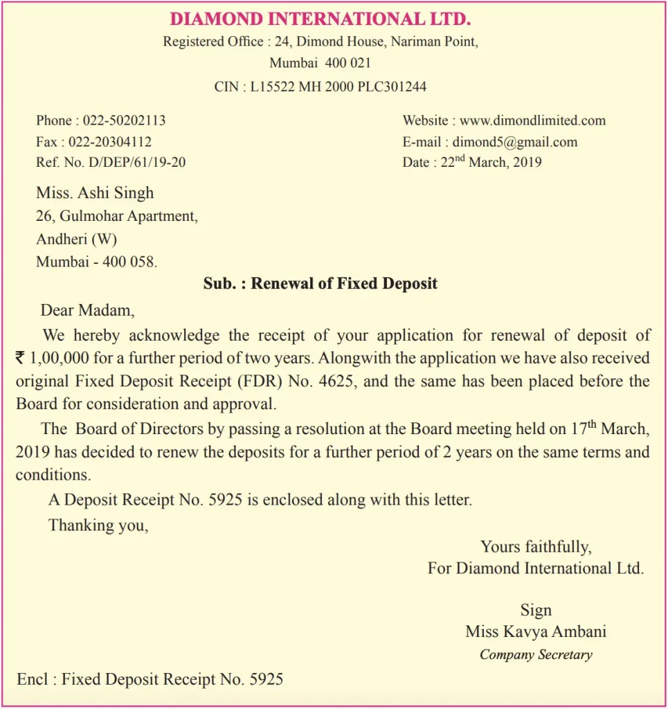 Write a letter to depositor regarding renewal of his deposit.